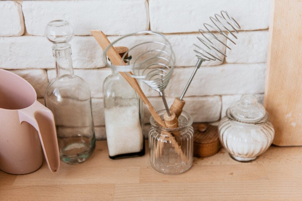 Kitchen utensils and glass containers